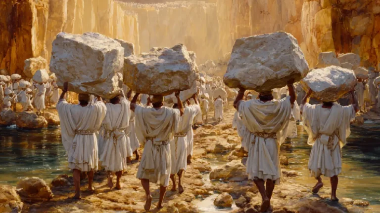 Twelve Israelite men carrying memorial stones from the bed of 
the Jordan River during the miraculous crossing described in Joshua 4, 
with the waters parted and priests holding the Ark of the Covenant

